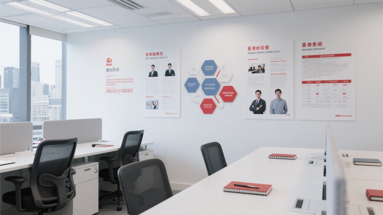 Modern Hong Kong office interior with bilingual editorial materials on the wall, showcasing a team-focused environment with clean desks, notebooks, and branding guidelines.