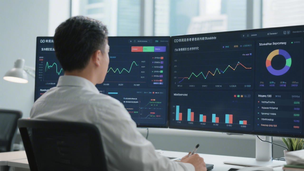 Marketing researcher reviewing bilingual analytics dashboards with English and Chinese keywords, showing a professional workspace focused on data-backed content decisions in Hong Kong.