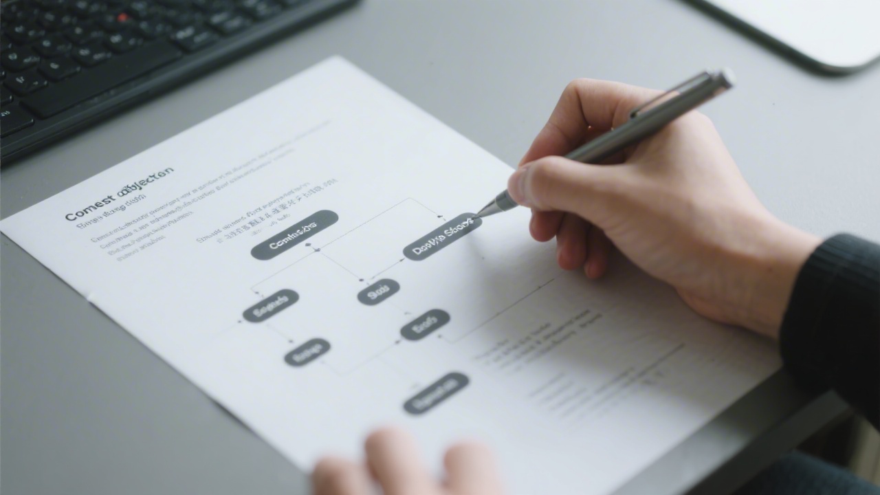 Close-up of a content strategist drafting a bilingual blog outline with English and Chinese headings, showcasing structured SEO content and editorial planning in a sleek workspace.