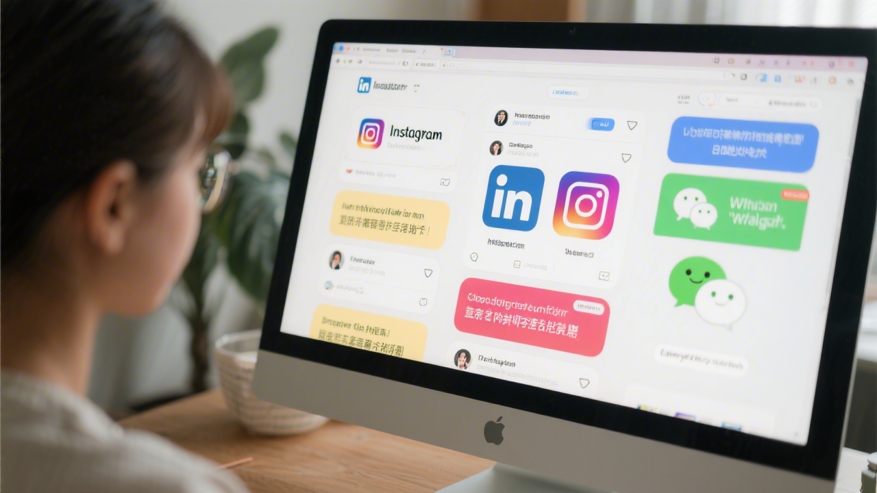 Content creator preparing social posts on a desktop, showing bilingual copy blocks and platform previews for LinkedIn, Instagram, and WeChat with consistent brand styling.