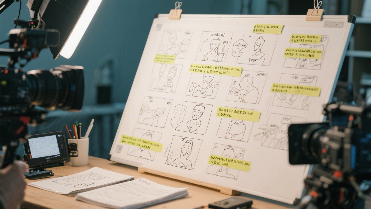 Video production planning scene with storyboards containing English and Chinese subtitles, highlighting short-form video preparation for bilingual marketing campaigns.
