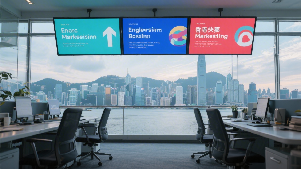 Wide editorial photo of Hong Kong skyline with modern office setting and digital screens, representing bilingual marketing in a fast-paced business environment with English and Chinese content planning.