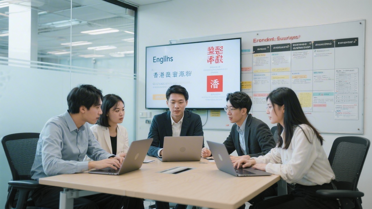Editorial team in a modern Hong Kong office reviewing bilingual content plans on laptops, with clear workflow boards and brand guidelines on screens for English and Chinese campaigns.