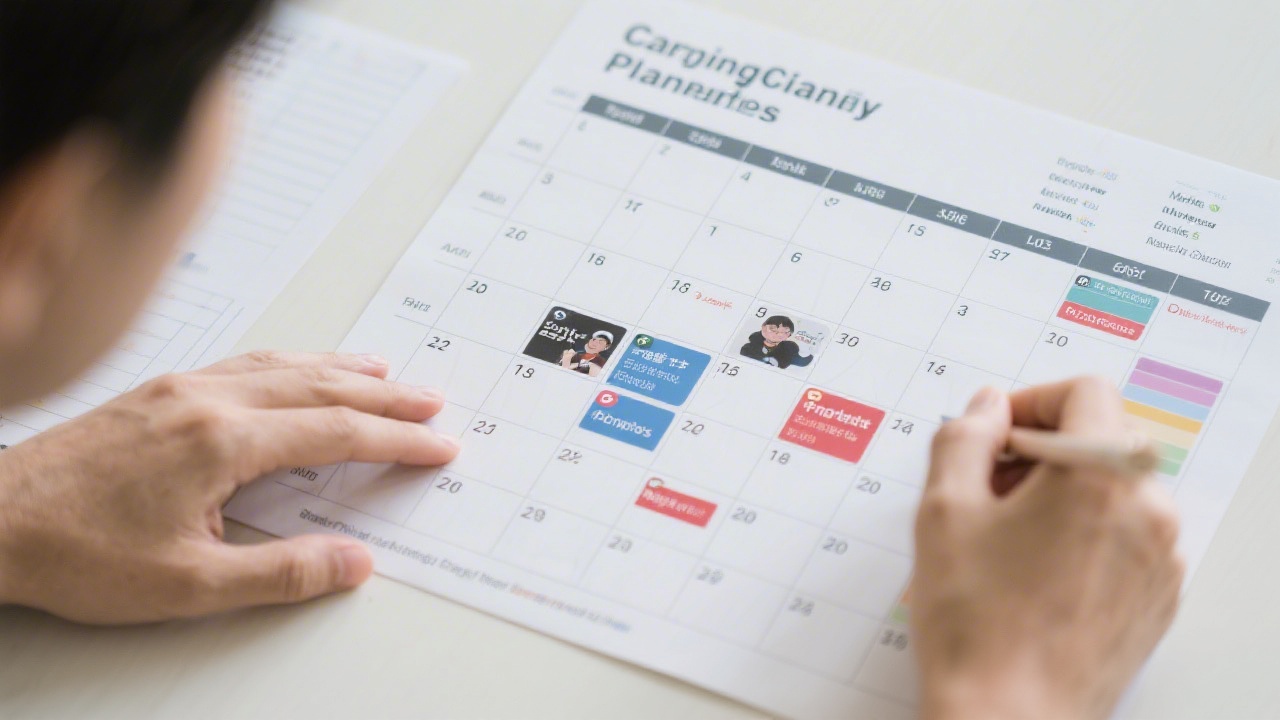 Campaign planner arranging a content calendar with English and Chinese posts, showing a clear schedule for social and newsletter distribution.