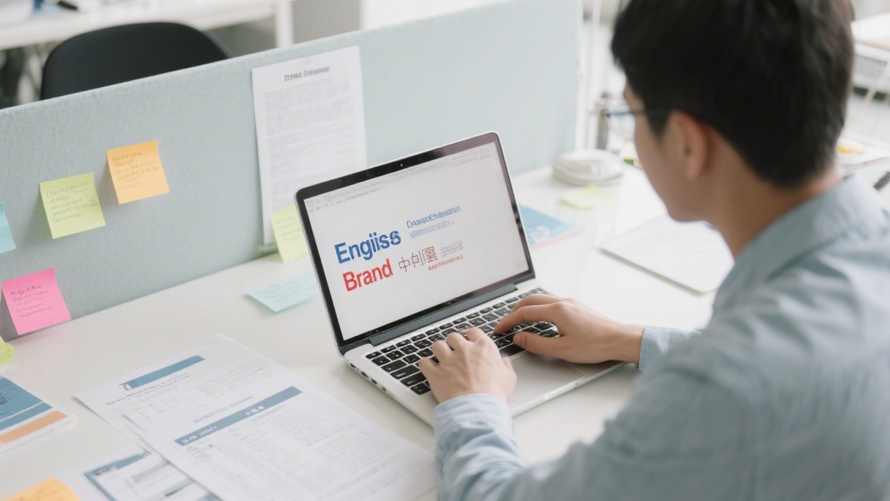Writer drafting English and Chinese brand messaging on a laptop, with printed notes and style guidelines visible on the desk in a bright office environment.