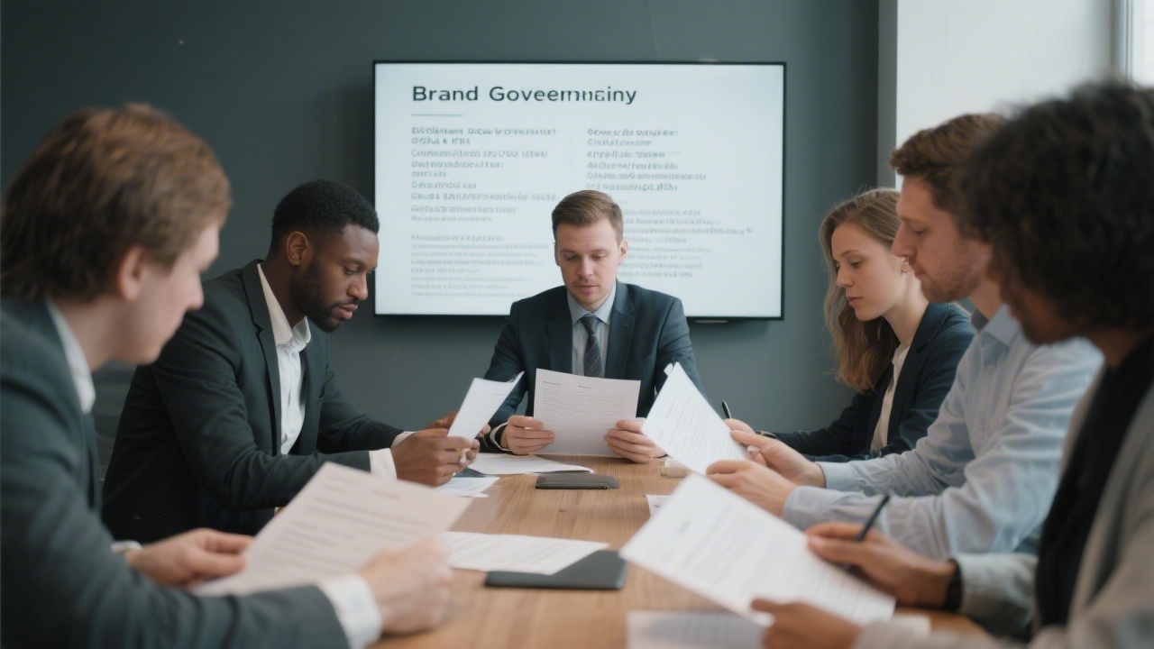 Team meeting around a table reviewing brand governance documents with bilingual style rules, illustrating structured oversight for content quality.