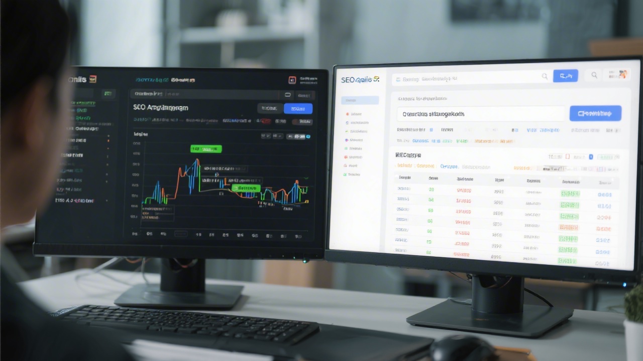 SEO strategist analyzing bilingual keyword research on dual monitors with English and Chinese search data, demonstrating a methodical approach to content optimization.