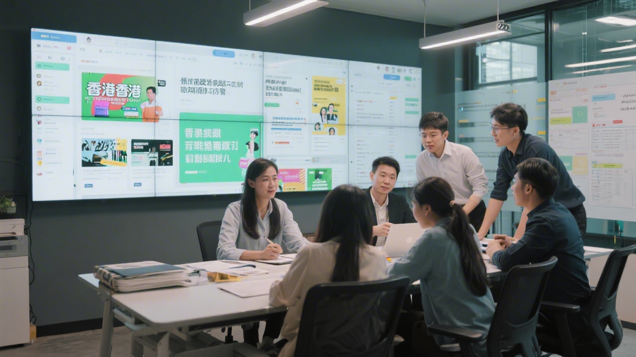 Creative team in Hong Kong reviewing bilingual campaign materials on large screens, showing a professional agency setting with organized content workflows.